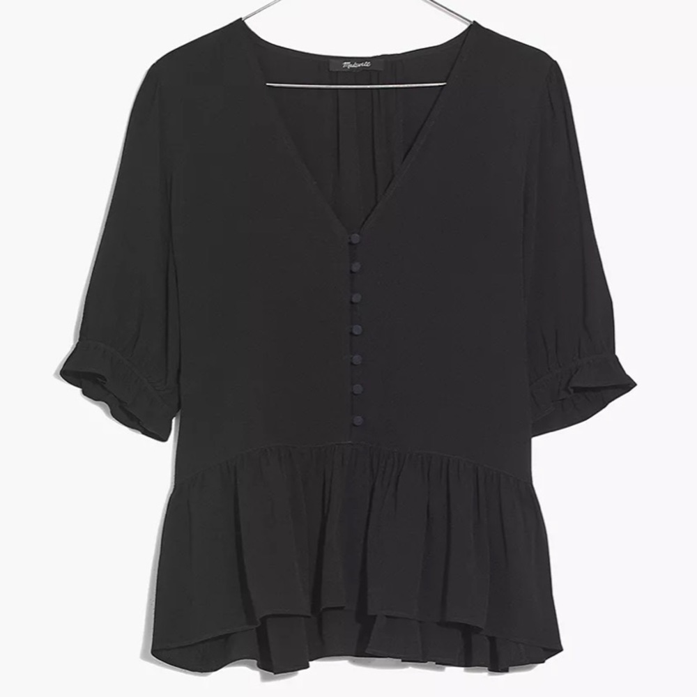 Madewell Courtyard Ruffle Hem Top Small Black GUC